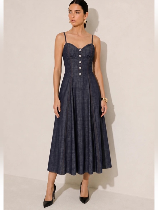 Commense Dresses & Skirts - Commense Cotton/Linen Dark Denim Midi Dress with Button Front Small